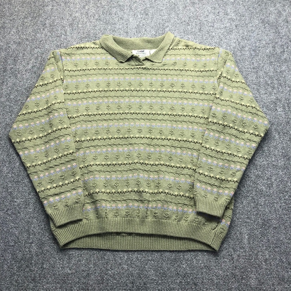 Northern Reflections Womens Large Green Floral Knit Polo Sweater Vintage Canada